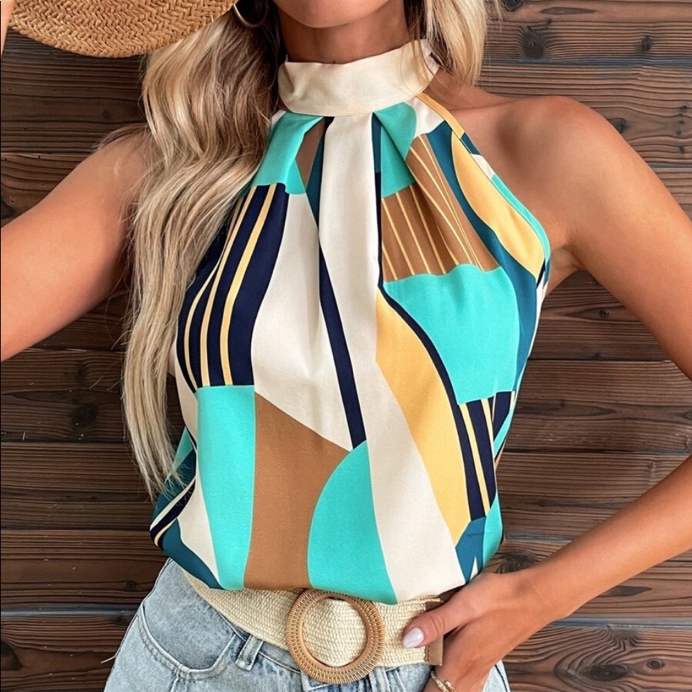 Boho Color Block Geo Abstract Print Halter Tank Top Blouse - Picture 3 of 5